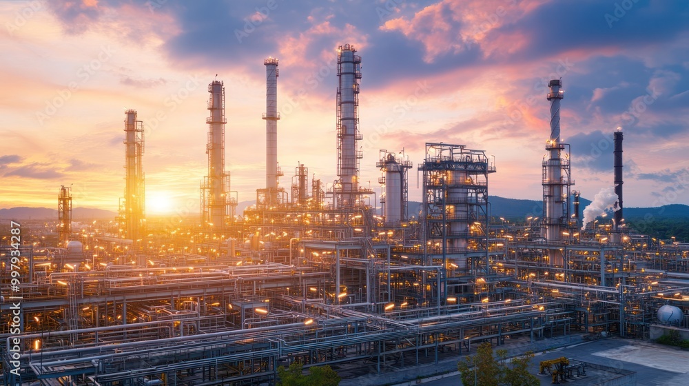 A modern oil refinery processing low-sulfur crude oil, with emissions filters and advanced technology reducing the environmental impact of the production process A modern oil refinery processing low-sulfur crude oil, with emissions filters and advanced technology reducing the environmental impact of the production process