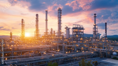 A modern oil refinery processing low-sulfur crude oil, with emissions filters and advanced technology reducing the environmental impact of the production process