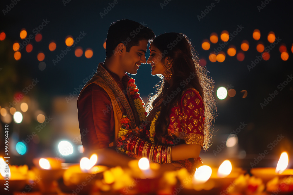 Young Indian couple in romantic mood on the occasion of Diwali. Celebrating Diwali . Young Indian couple in romantic mood on the occasion of Diwali. Celebrating Diwali .