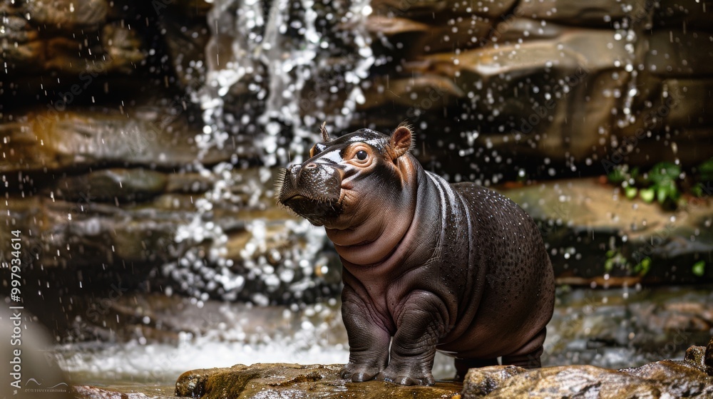 Pygmy Hippo Waterfall Refresh: An adorable pygmy hippopotamus enjoys a refreshing shower under a cascading waterfall, amidst the rugged beauty of its natural habitat. Pygmy Hippo Waterfall Refresh: An adorable pygmy hippopotamus enjoys a refreshing shower under a cascading waterfall, amidst the rugged beauty of its natural habitat.