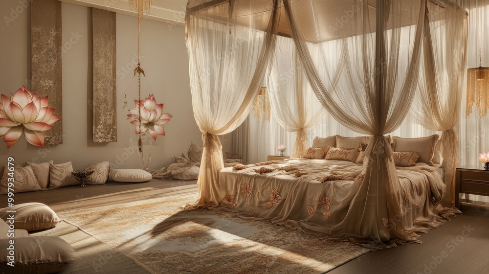 An elegant bedroom featuring a canopy bed draped in sheer silk fabrics An elegant bedroom featuring a canopy bed draped in sheer silk fabrics