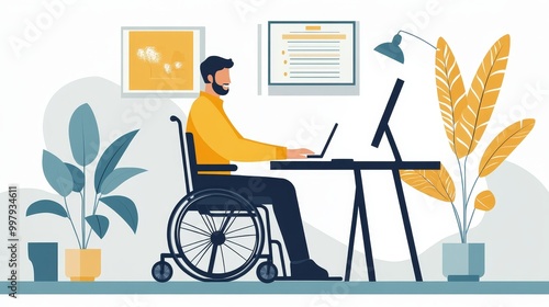 A happy worker in a wheelchair works at his computer. The man with a physical disability works from home. This flat vector illustration shows accessibility, remote work, and occupation for a banner.