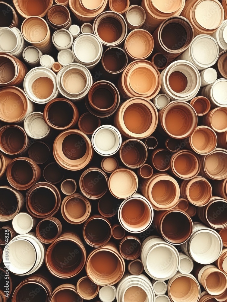 The artwork features an intricate arrangement of interwoven coffee cup rings in various brown tones, creating a captivating visual texture. Generative AI The artwork features an intricate arrangement of interwoven coffee cup rings in various brown tones, creating a captivating visual texture. Generative AI