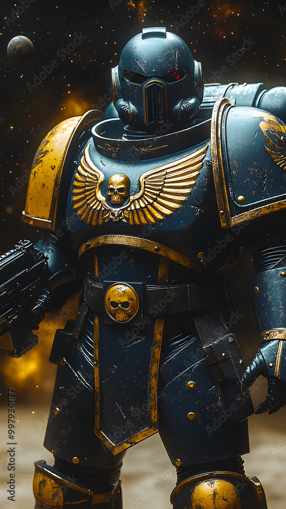 Fototapeta premium a space marine, futuristic power armor, with intricate metallic plating and advanced technology embedded throughout. 