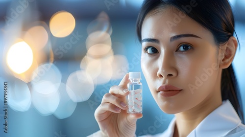 Woman holding small bottle of weight-loss pills, looking determined and focused in a minimalist, well-lit room with copy space for text. photo