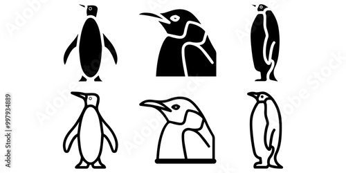 Penguin icon set. Penguin silhouette. Cartoon penguin sketch line icon. Cute animal icon set.