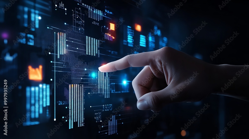 Close-up of a hand touching a futuristic digital interface. Close-up of a hand touching a futuristic digital interface.