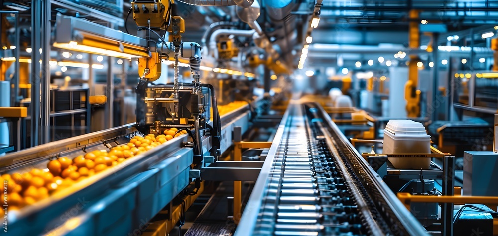 A modern food processing facility showcasing automated systems and conveyor belts transporting fresh produce for efficient manufacturing.