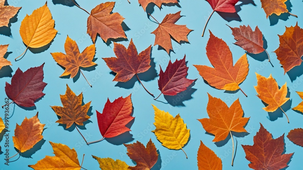 Beautiful autumn background with sparse arrangement of red and orange leaves on blue paper
Beautiful autumn background with sparse arrangement of red and orange leaves on blue paper