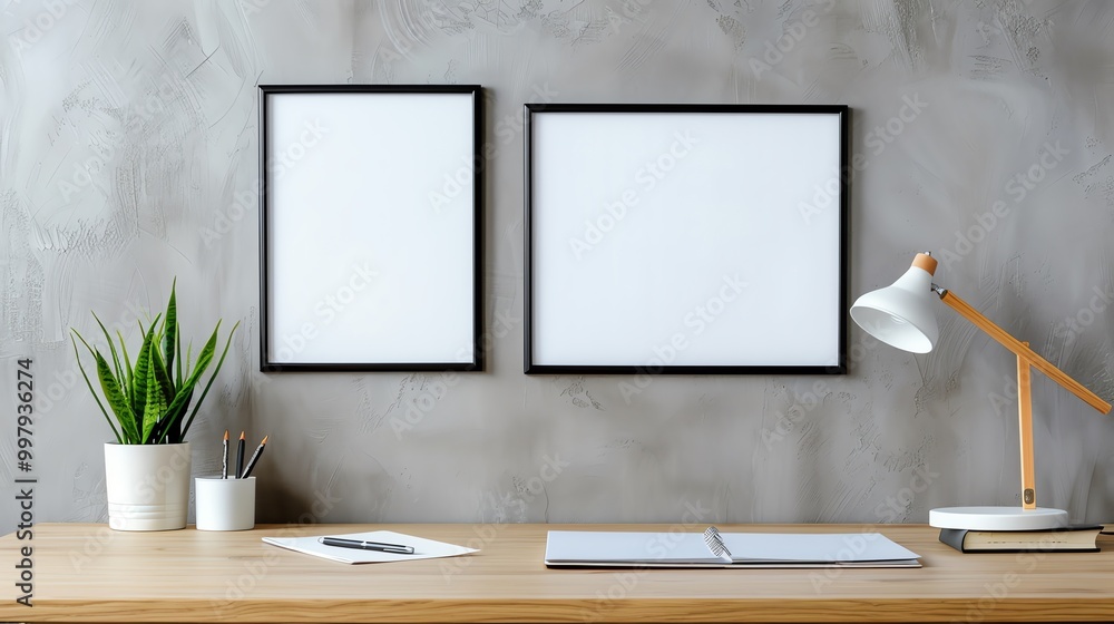 Minimalist workspace with framed prints, lamp, plant, and stationery on wooden desk. Minimalist workspace with framed prints, lamp, plant, and stationery on wooden desk.