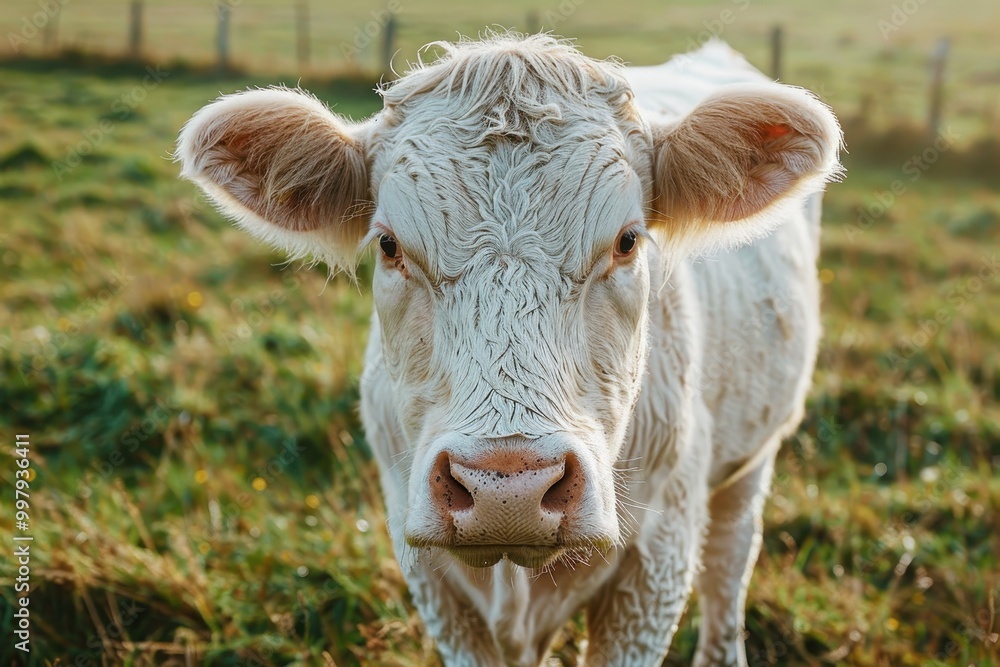 A cow with dirty ears and a white face stands in a grassy field A cow with dirty ears and a white face stands in a grassy field
