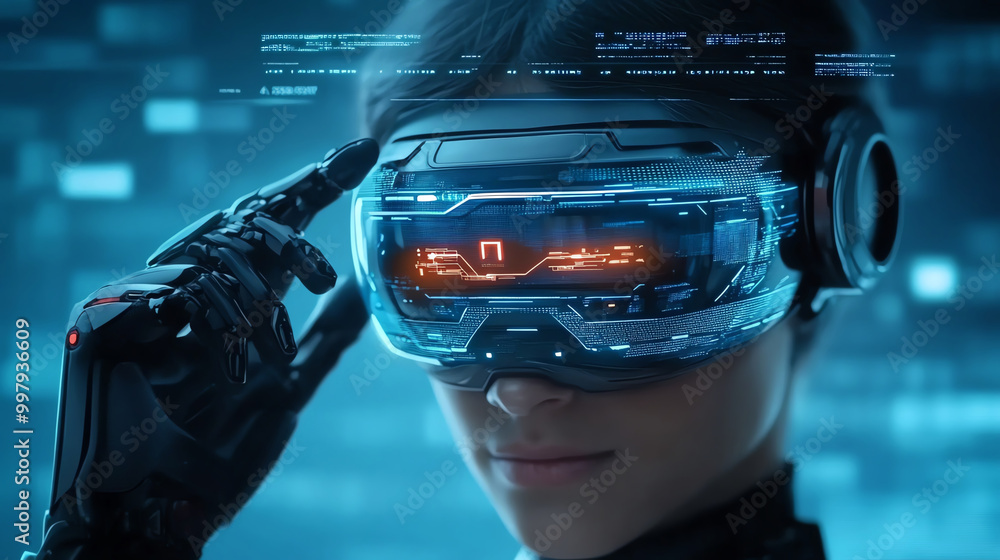 Person wearing advanced virtual reality headset in a tech-savvy environment. Person wearing advanced virtual reality headset in a tech-savvy environment.