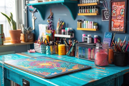 A desk with a blue table top and a variety of art supplies including paint