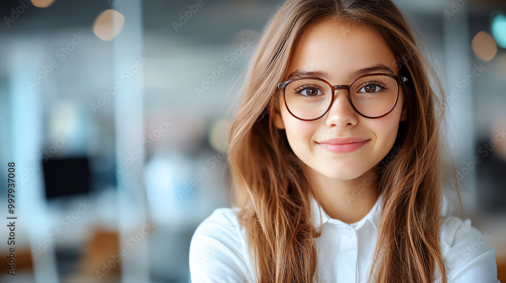 Smiling young woman with long hair and glasses in a modern office setting. Smiling young woman with long hair and glasses in a modern office setting.
