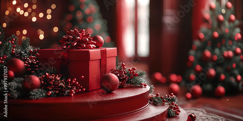 Festive Red Christmas Decor with Gifts and Ornaments