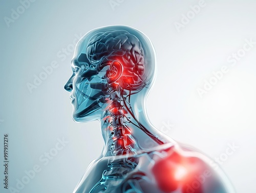 Transparent human body with highlighted pain areas, white isolate background