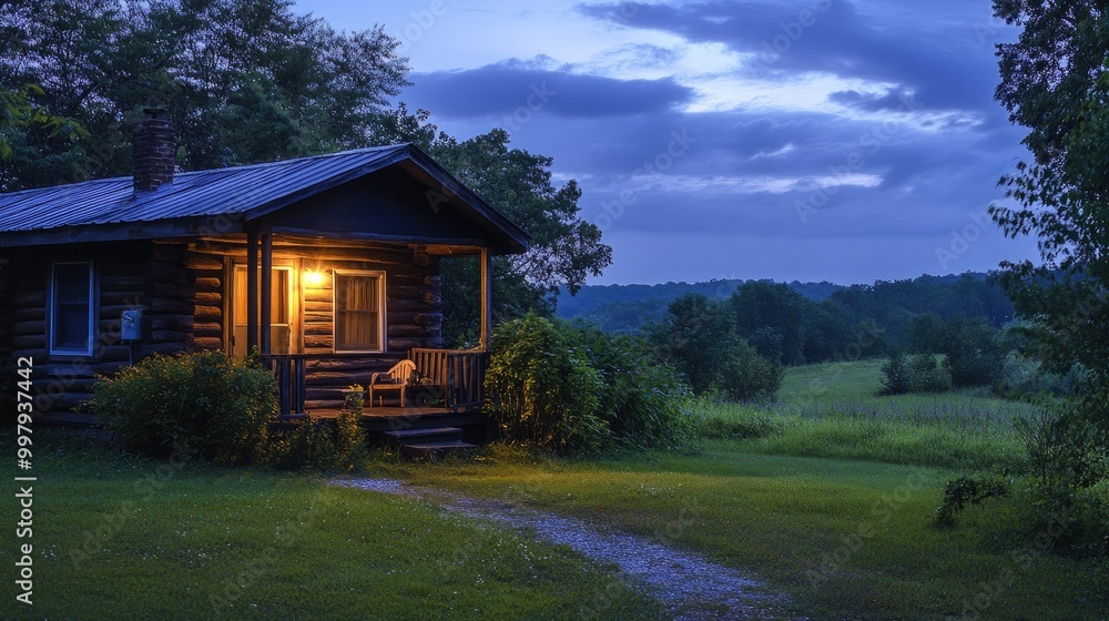 Fototapeta premium A quaint roadside cabin with a porch light bulb glowing softly as dusk settles over the quiet rural setting. -