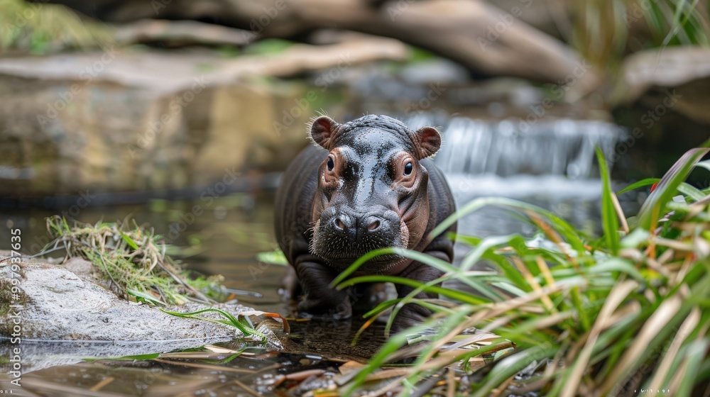 Baby Hippo in the Wild: A captivating close-up of a baby hippopotamus wading through a shallow stream, its curious gaze fixed on the viewer. Baby Hippo in the Wild: A captivating close-up of a baby hippopotamus wading through a shallow stream, its curious gaze fixed on the viewer.
