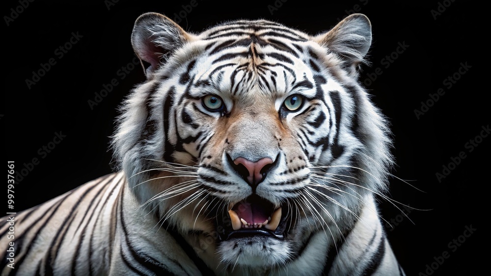 Fototapeta premium Fierce white tiger with fangs looks scary on black background