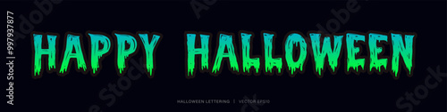 Happy Halloween text lettering typography in glowing green cyan color on dark black banner background 