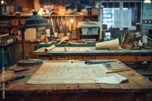 A cluttered workspace with a desk with a lamp and a drawing of a house