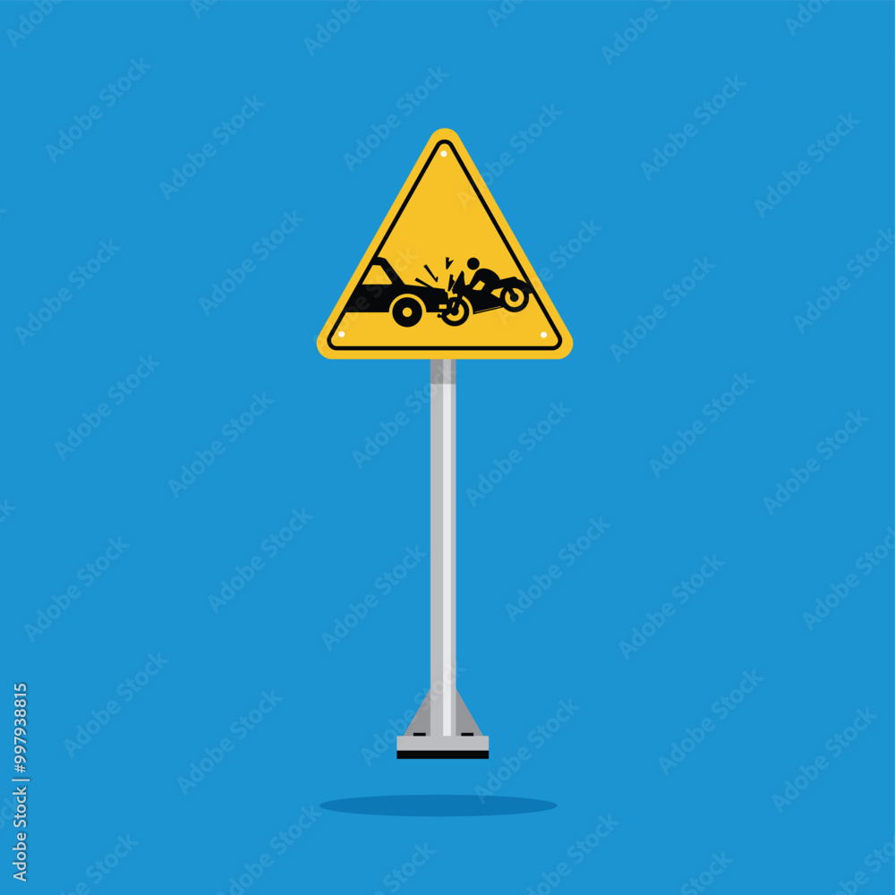 Warning sign of car accident hitting motorbike on yellow triangle board. Suitable for poster and web icon Warning sign of car accident hitting motorbike on yellow triangle board. Suitable for poster and web icon