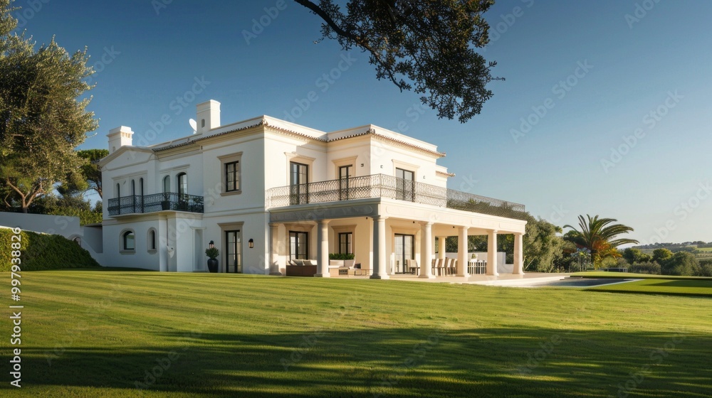 A large white house with a green lawn and a white fence A large white house with a green lawn and a white fence
