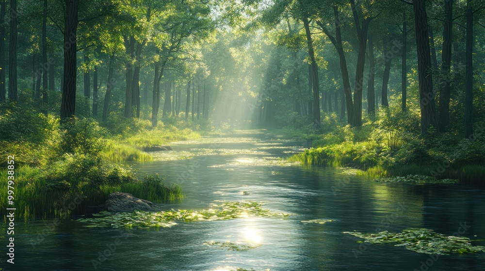 Sunbeams Through a Misty Forest Sunbeams Through a Misty Forest