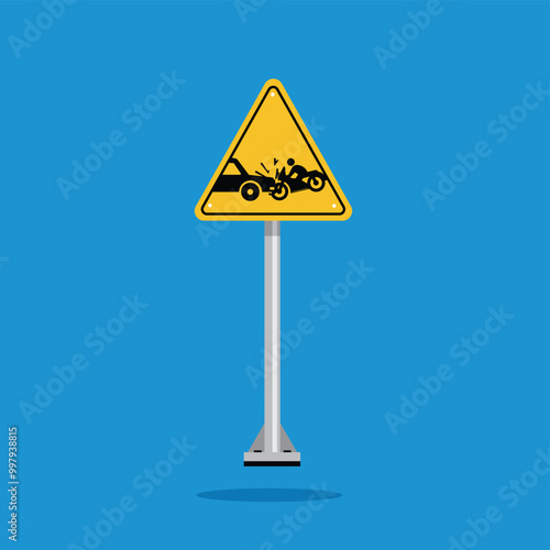 Warning sign of car accident hitting motorbike on yellow triangle board. Suitable for poster and web icon	