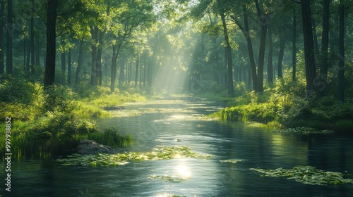 Sunbeams Through a Misty Forest