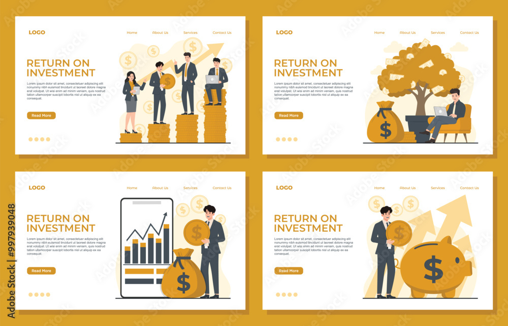 Obraz premium Return on investment Landing page template web banner Flat design vector illustration ROI, Business, profit, and success