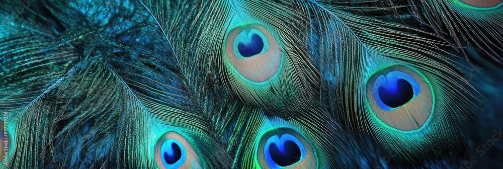 Obraz premium Feathered peacock tail texture, vibrant blues and greens with shimmering detail