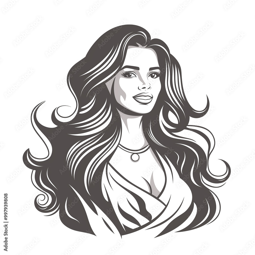 A woman with long hair and a necklace. She is smiling. The image is black and white A woman with long hair and a necklace. She is smiling. The image is black and white