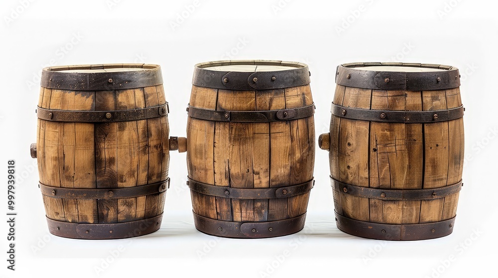 Three Wooden Barrels Isolated On White Background Three Wooden Barrels Isolated On White Background