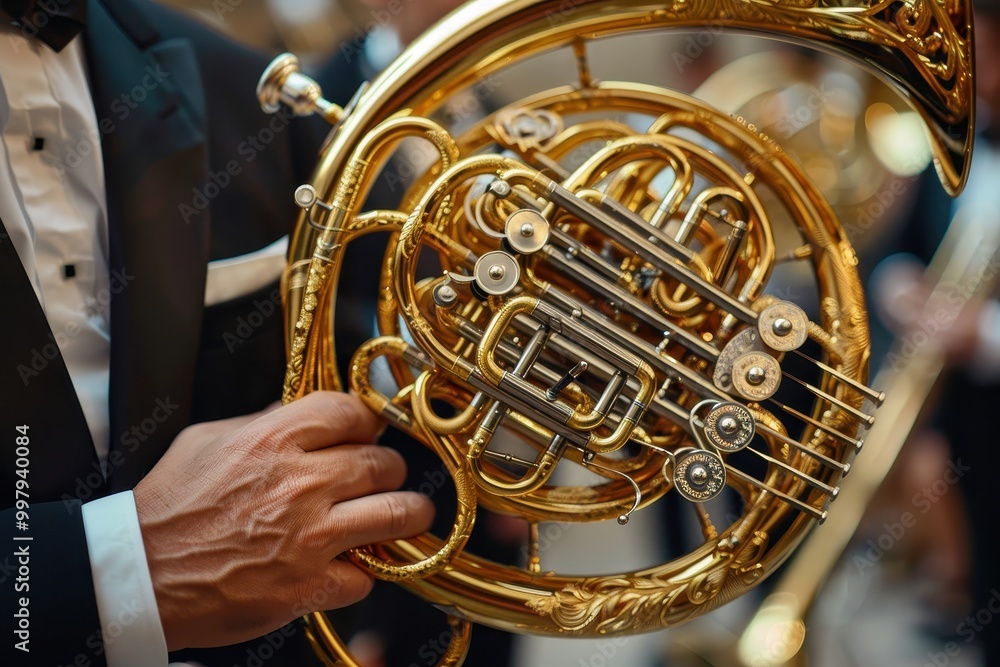 Fototapeta premium A man is holding a large golden trumpet