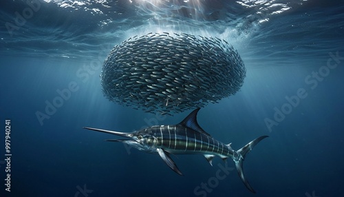 Swordfish swims in front of a large shoal of fish