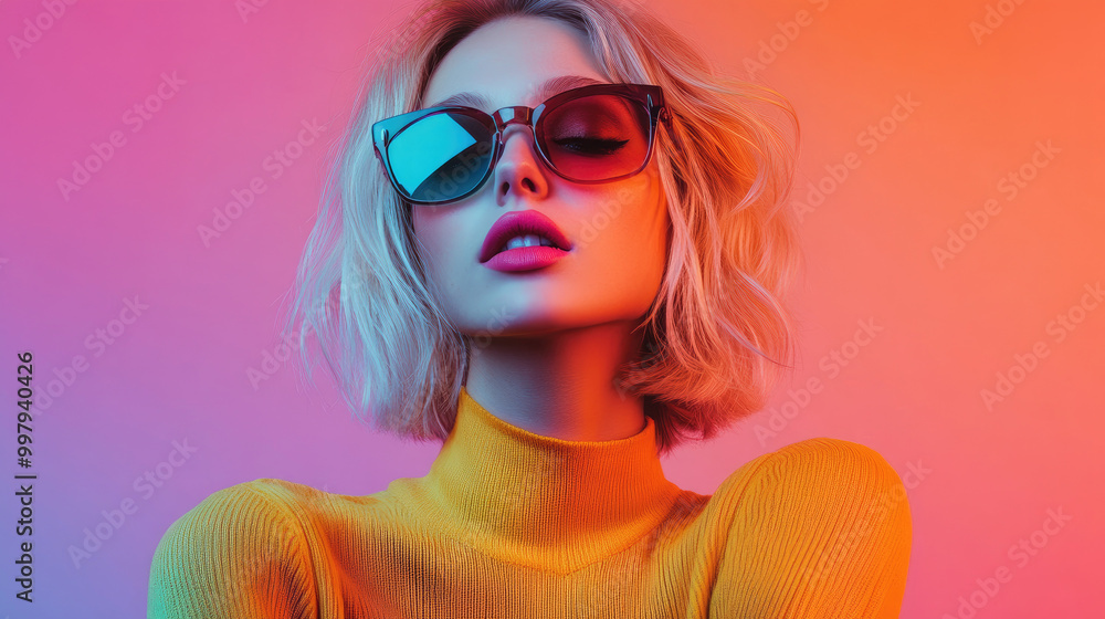 A fashion photoshoot of a blonde woman with shoulder-length hair wearing colorful sunglasses, posing against a vibrant gradient background. A fashion photoshoot of a blonde woman with shoulder-length hair wearing colorful sunglasses, posing against a vibrant gradient background.