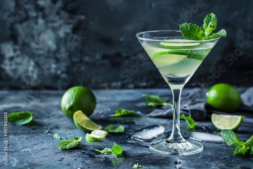 Mint Cosmopolitan with extra mint leaves and lime, served in a martini glass, cool and refreshing background, copy space