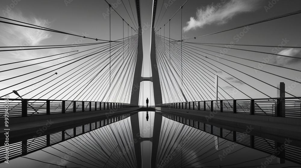 Obraz premium a black-and-white photo of a large modern bridge on which a man is walking
