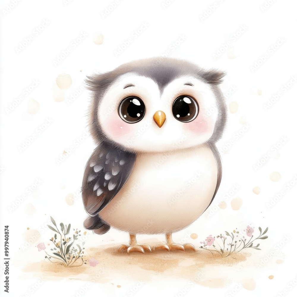 Obraz premium Adorable cartoon owl with big eyes, perched cutely among flowers, perfect for children's illustrations and nature-themed designs.