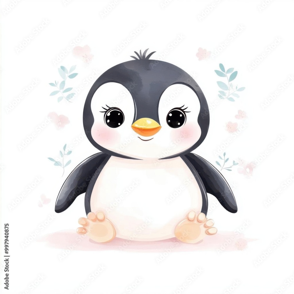 Obraz premium Adorable cartoon penguin character with big eyes and a cute smile, surrounded by pastel flowers. Perfect for children's designs.