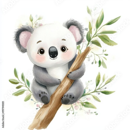 Cute koala illustration sitting on a tree branch surrounded by leaves, perfect for children's decor and wildlife themes. photo