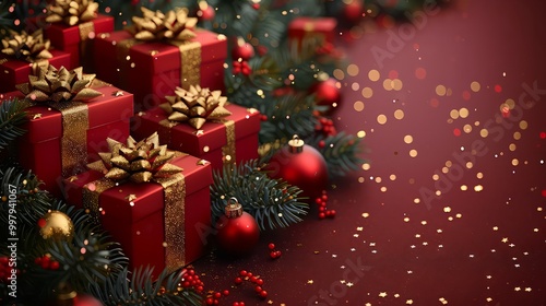Christmas banner. Realistic gold gift box with red bow, pine branches, golden stars and glitter confetti. Xmas background, cover, poster, greeting cards, headers website.