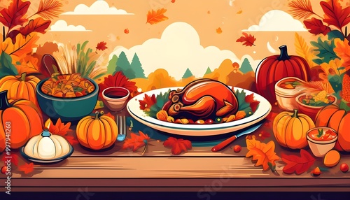 Thanksgiving Day Background with Roasted Chickend and Many Objects. Happy Halloween Thanksgiving October Ideas for Graphical Resources Flat Vector Design photo