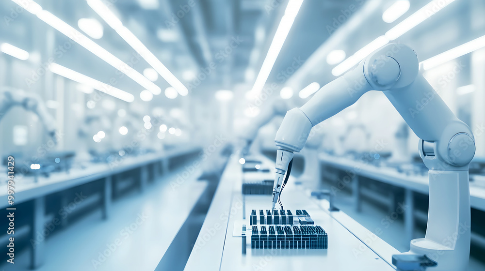 Modern Factory Assembly Line with Robotic Arms Modern Factory Assembly Line with Robotic Arms