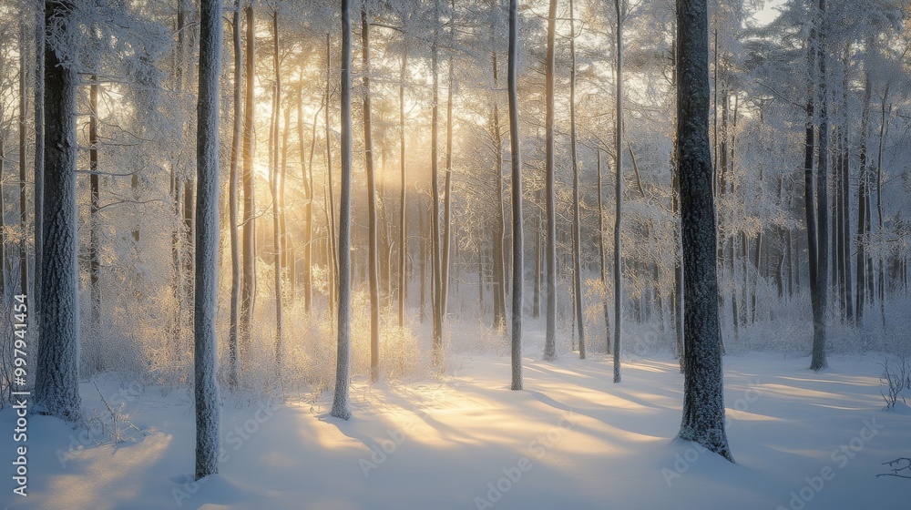 Naklejka premium A serene winter forest scene, with tall trees framed by soft snow and golden sunlight breaking through the branches.