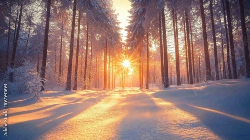 A serene winter forest scene featuring snow-covered ground and sunlight streaming through tall, frosty trees.