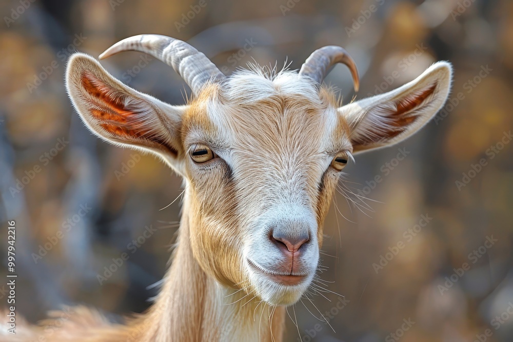 A goat with horns and a white face is staring at the camera
