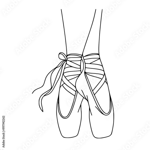 Line drawing of ballerina feet in pointe shoes standing in pose, single line outline vector drawing