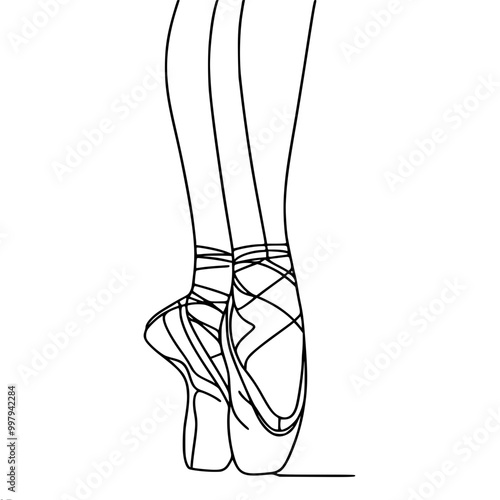 Line drawing of legs of a ballerina standing in a sideways pose in pointe shoes, , single line contour vector drawing